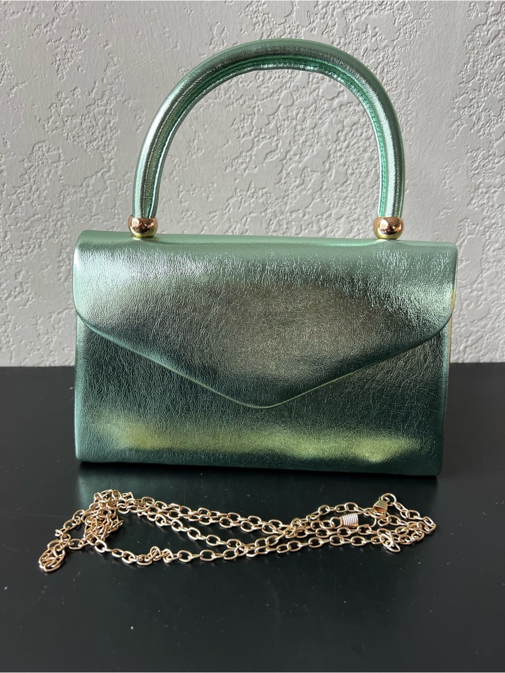 NWT Glamorous Metallic Mint Green Top-Handle Evening Bag with Gold Chain